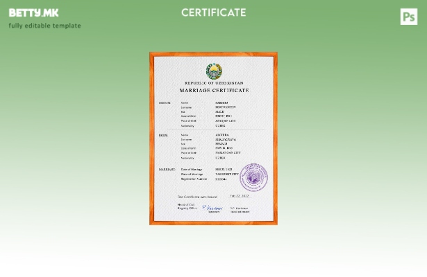 Модерен стил Узбекистански шаблон за PSD шаблон за потврда за брак